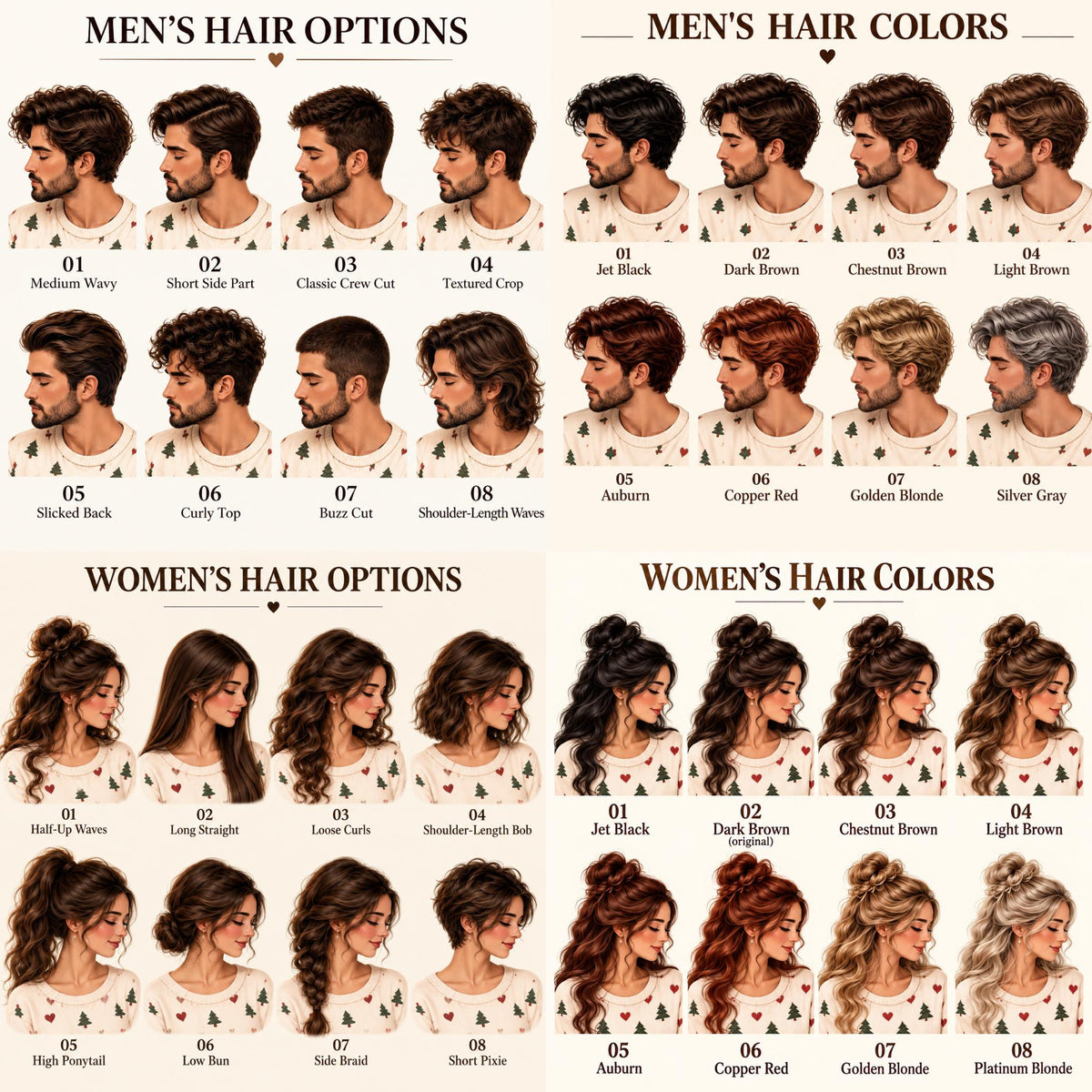 May include: A visual chart displaying various hair styles and colors for individuals. The grid includes sections for hair options and colors, labeled with text such as Men's Hair Options, Men's Hair Colors, Women's Hair Options, and Women's Hair Colors.