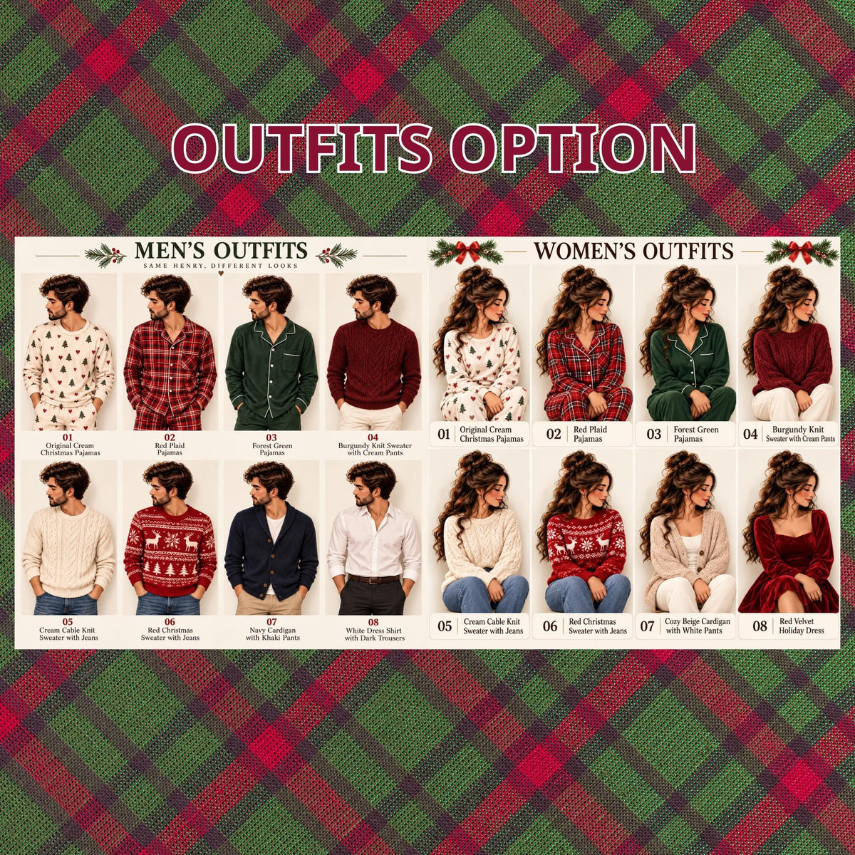 May include: A grid of sixteen clothing options labeled OUTFITS OPTION, MEN'S OUTFITS, and WOMEN'S OUTFITS. The images display various sweaters, pajamas, cardigans, shirts, and dresses in colors including red, green, cream, and navy, featuring patterns.