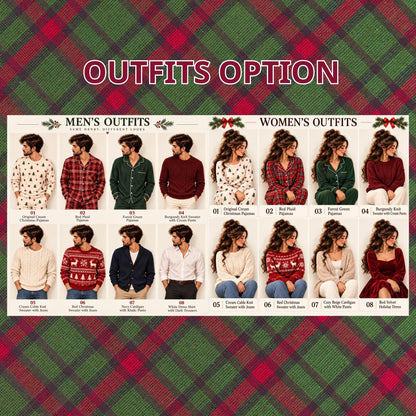 May include: A grid of sixteen clothing options labeled OUTFITS OPTION, MEN'S OUTFITS, and WOMEN'S OUTFITS. The images display various sweaters, pajamas, cardigans, shirts, and dresses in colors including red, green, cream, and navy, featuring patterns.