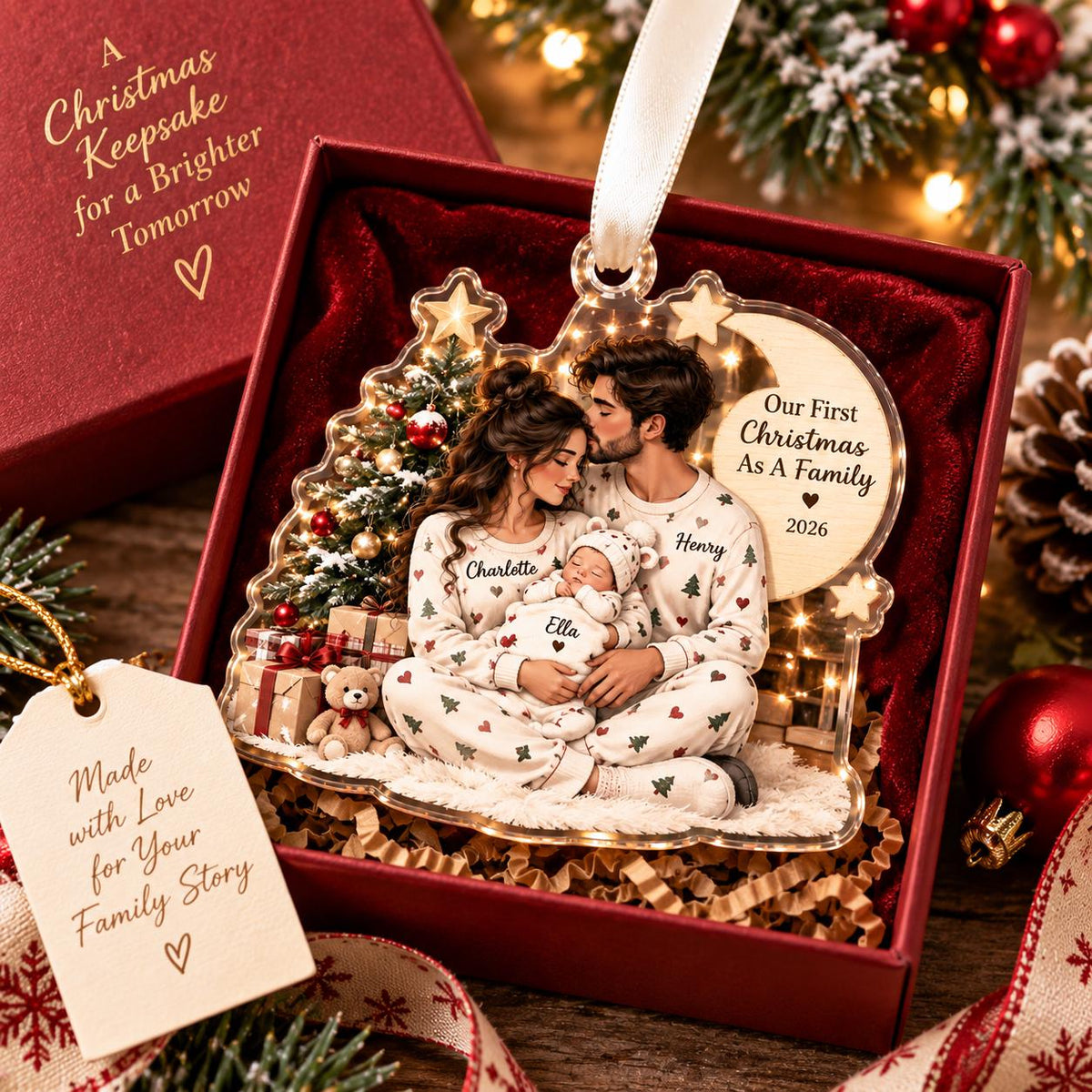 May include: A clear acrylic Christmas ornament featuring a printed illustration of a family of three in matching pajamas sitting by a tree. The ornament includes the text Our First Christmas As A Family 2026, Charlotte, Henry, and Ella.