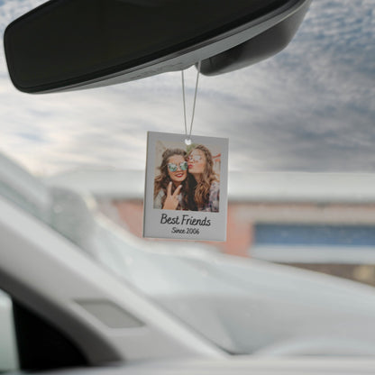 White car air freshener with a photo of two friends and the text "Best Friends Since 2006".