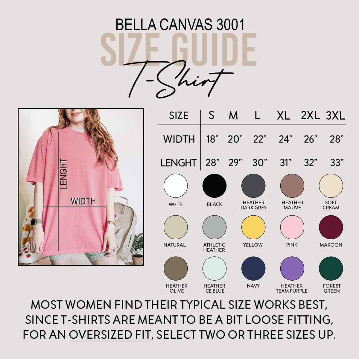 May include: A size guide for Bella Canvas 3001 T-shirts. The guide shows width and length measurements in inches for sizes S to 3XL. Color options include white, black, heather grey, mauve, cream, natural, and more. The text advises selecting two or three sizes up for an oversized fit.