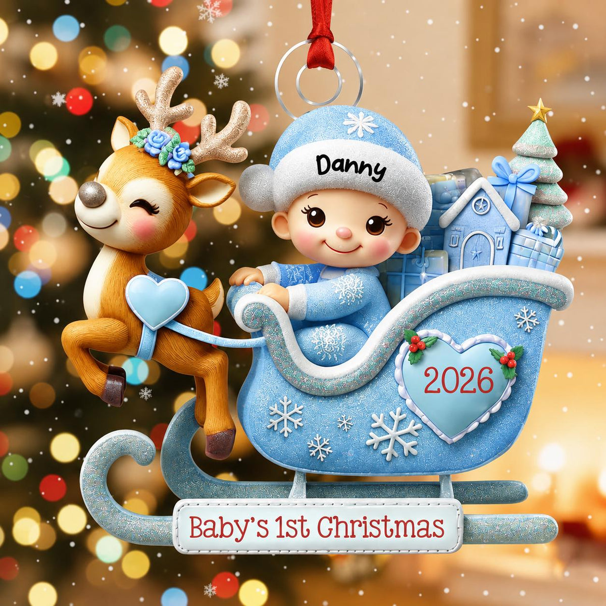 May include: A Christmas ornament featuring a baby in a blue sleigh with a reindeer. The baby wears a blue hat with the name Danny. The sleigh has a heart with 2026, a small house, a tree, and a sign at the bottom reading Baby's 1st Christmas.