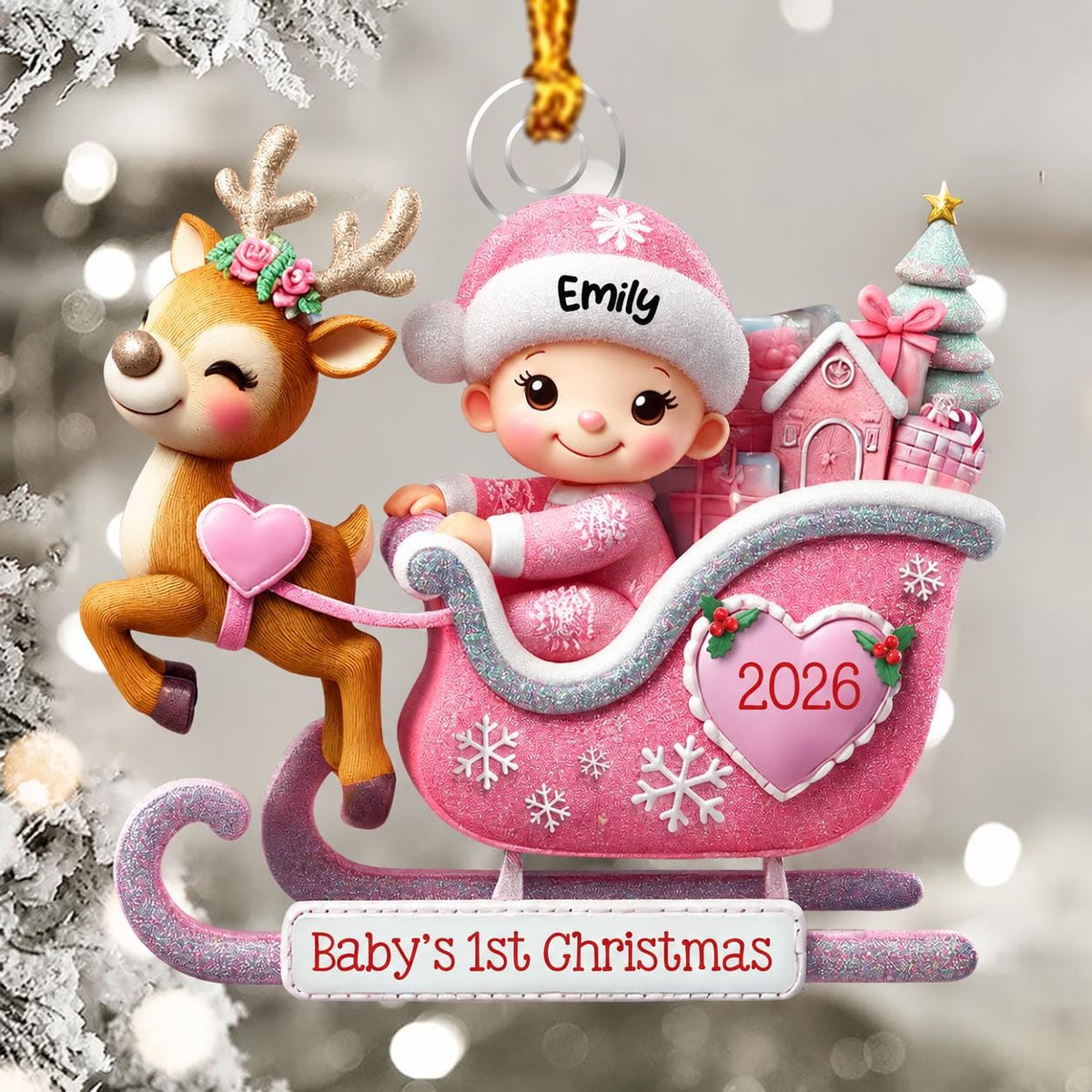 May include: A Christmas ornament featuring a reindeer pulling a pink sleigh with a baby wearing a pink hat labeled Emily. The sleigh displays a heart with 2026 and a banner reading Baby's 1st Christmas. The design includes gifts and a tree.