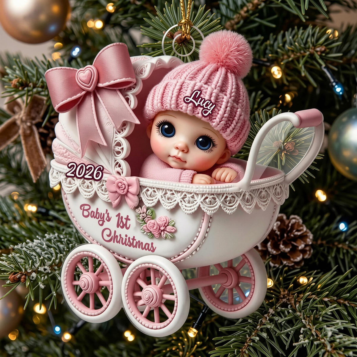 May include: A Christmas tree ornament shaped like a white and pink baby carriage featuring a pink bow, a small pink rose, and the text 2026 and Baby's 1st Christmas. Inside sits a baby wearing a pink knit hat with the name Lucy embroidered on it.