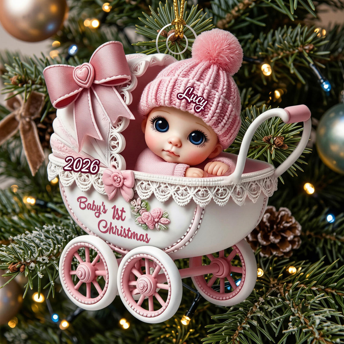 May include: A white and pink baby carriage ornament featuring a baby wearing a pink knit hat with the name Lucy. The carriage is decorated with a large pink bow, lace trim, and floral accents. Text on the carriage reads 2026 and Baby's 1st Christmas.