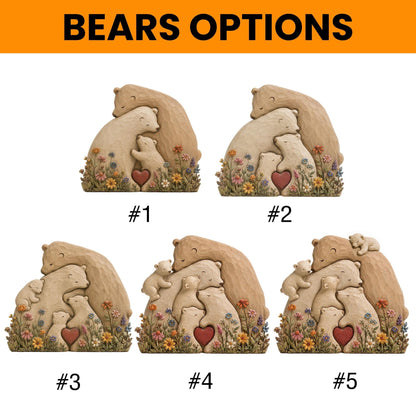 May include: The image displays five bear family sculptures, each with a different arrangement of bears. The sculptures are in shades of brown and cream, with a heart and flowers. The text "BEARS OPTIONS" is at the top, with numbers below each sculpture.