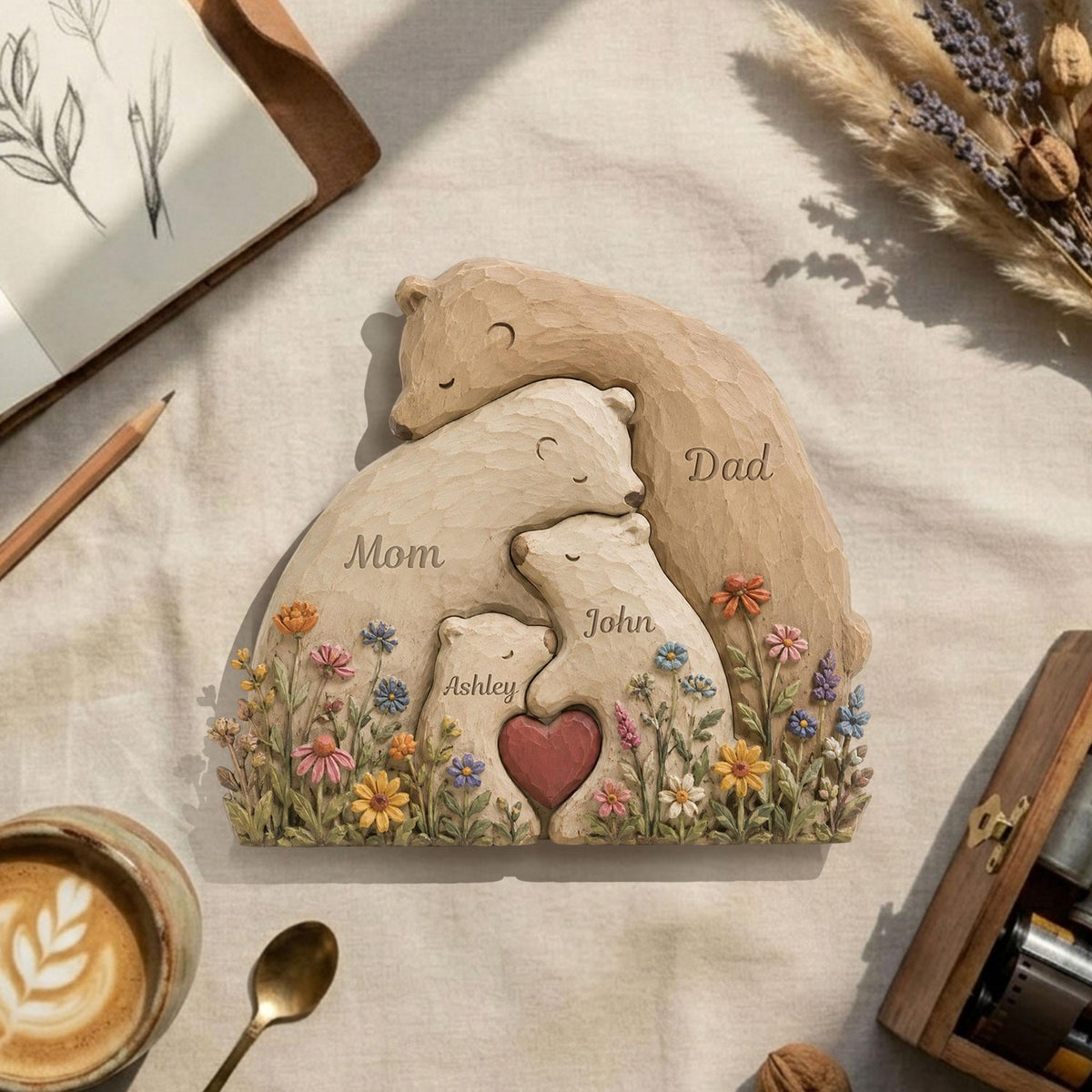 May include: A carved wooden family bear sculpture. The sculpture features a mother bear, father bear, and two cubs, with the names "Mom", "Dad", "John", and "Ashley" inscribed. A red heart is in the center. The bears are surrounded by colorful flowers.