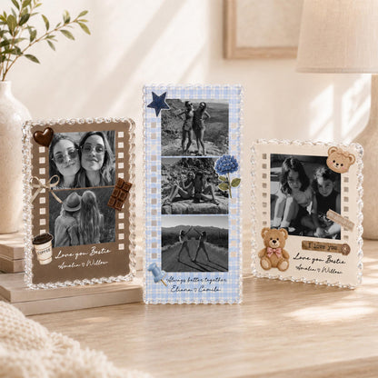 May include: Three rectangular acrylic photo frames with scalloped edges. The left frame is brown with a coffee cup, heart, and chocolate bar. The center frame is blue plaid with a star and flower. The right frame is white with a teddy bear.