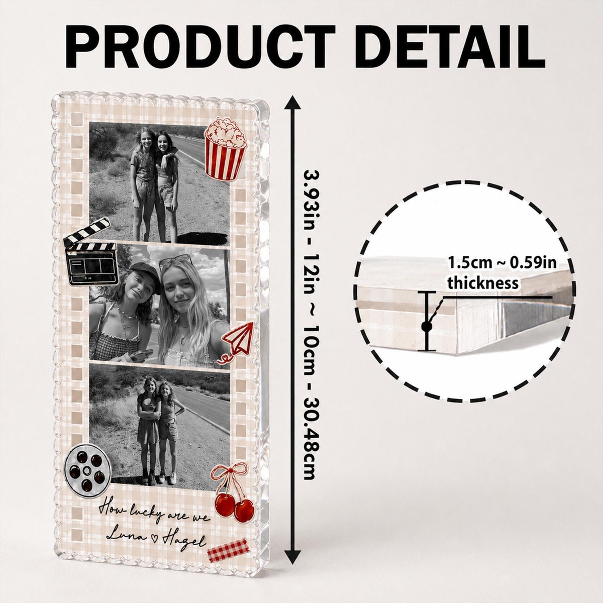 May include: A rectangular acrylic photo block featuring three black and white photographs of two people, decorated with small red icons including a popcorn bucket, paper plane, and cherries. It measures 3.93 inches to 12 inches tall and 0.59 inches thick.