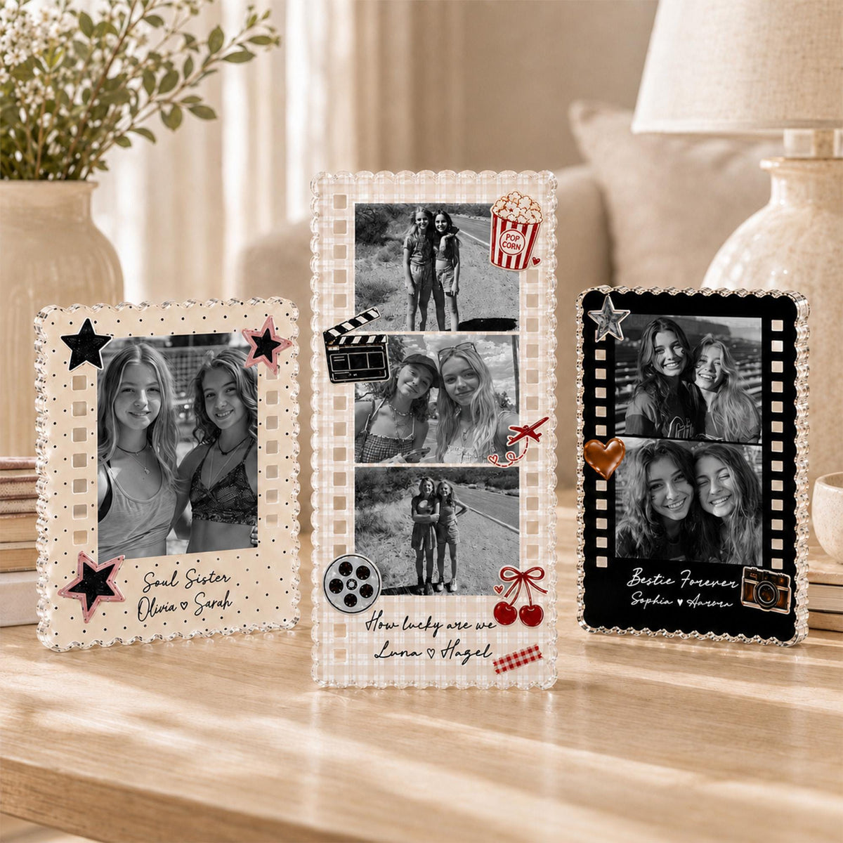 May include: Three rectangular acrylic photo frames with scalloped edges. The left frame is cream with black stars and text reading Soul Sister Olivia and Sarah. The center frame is tall with movie icons and text reading How lucky are we Luna and Hazel. The right frame is black with film strip borders and text reading Bestie Forever Sophia and Anson.