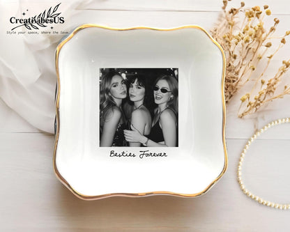 Bestie Photo Jewelry Dish - Personalized Ceramic Trinket Tray - Birthday Gift For Best Friend