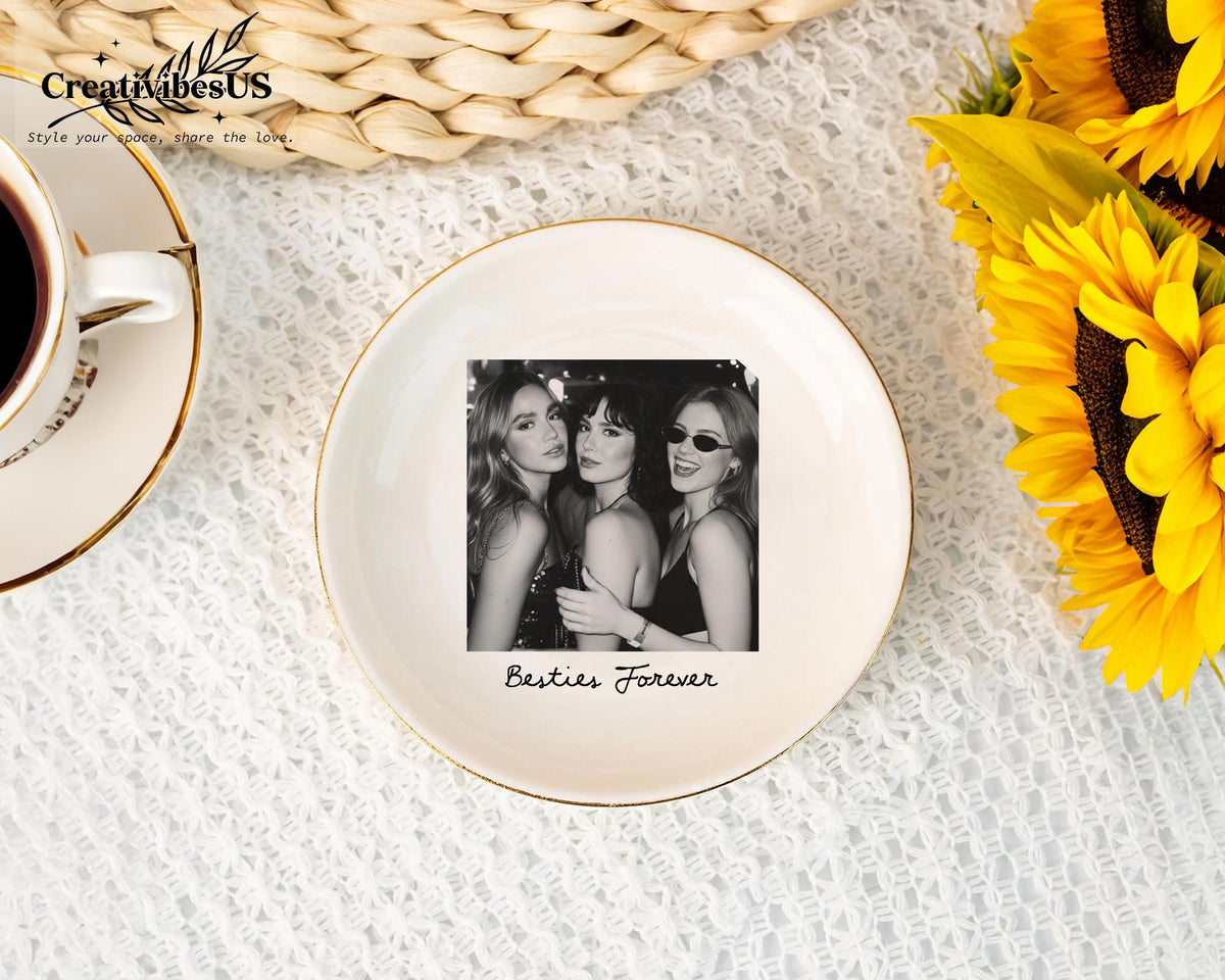 Bestie Photo Jewelry Dish - Personalized Ceramic Trinket Tray - Birthday Gift For Best Friend