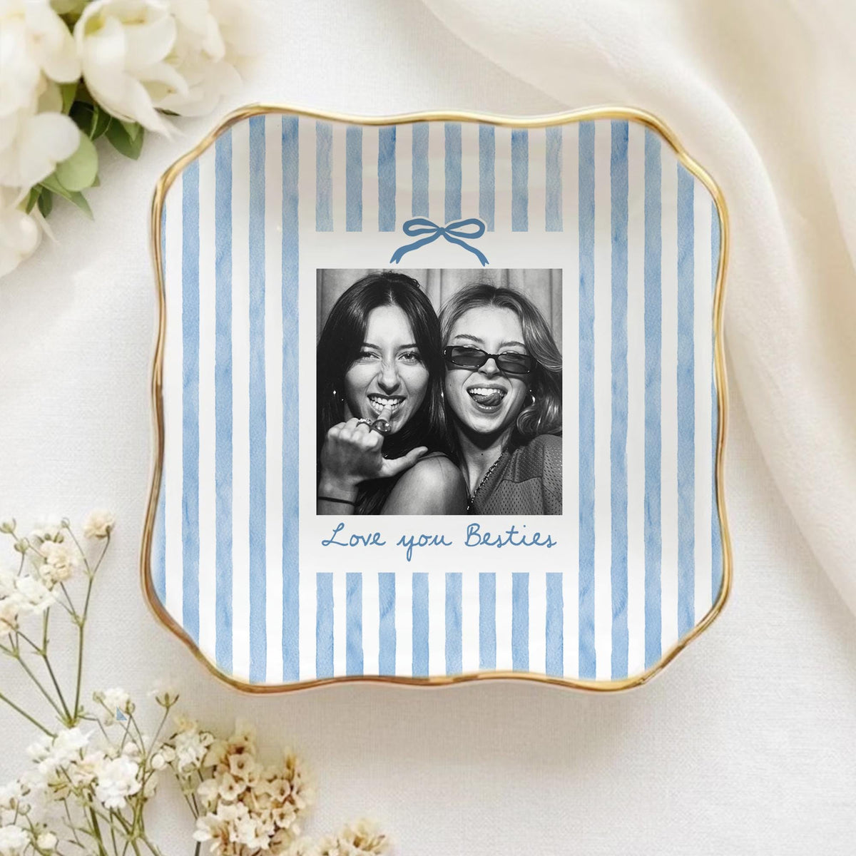 Striped Bestie Photo Jewelry Dish - Personalized Ceramic Ring Tray - Birthday Gift For Best Friend