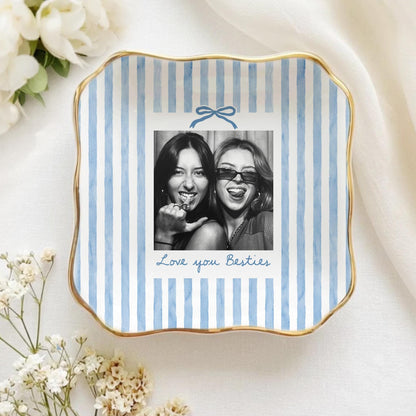 Striped Bestie Photo Jewelry Dish - Personalized Ceramic Ring Tray - Birthday Gift For Best Friend