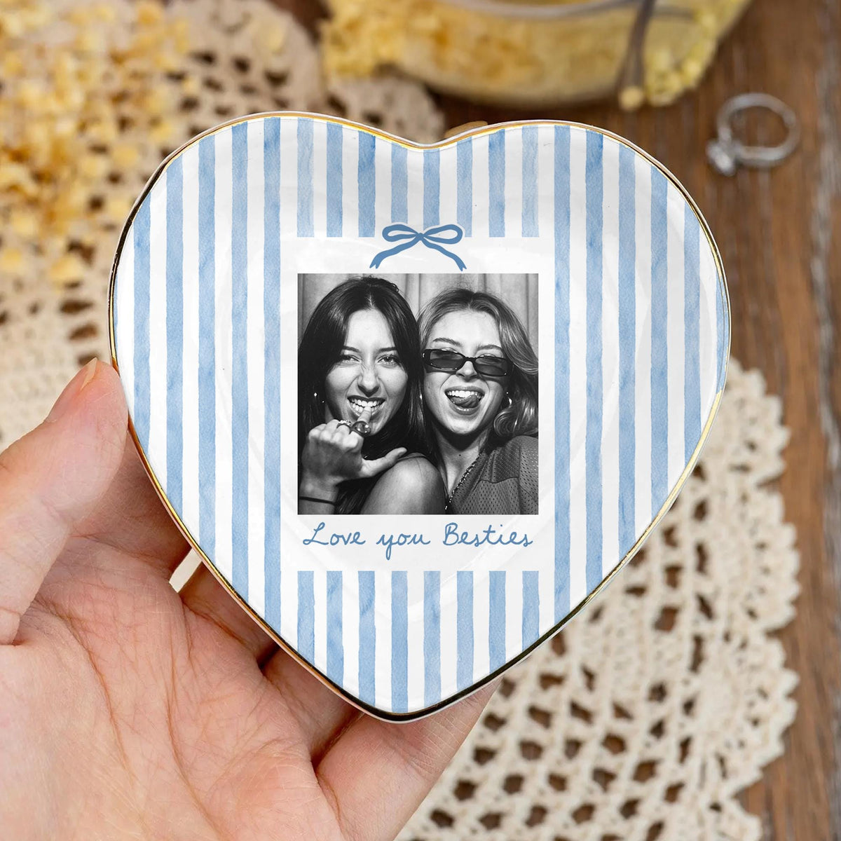 Striped Bestie Photo Jewelry Dish - Personalized Ceramic Ring Tray - Birthday Gift For Best Friend