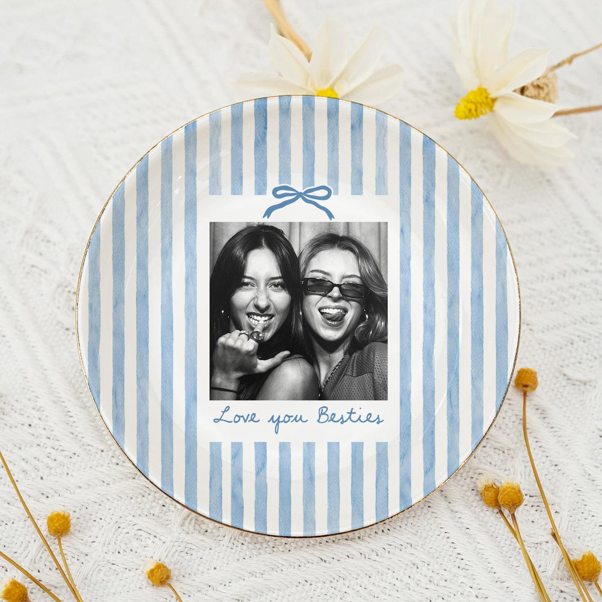 Striped Bestie Photo Jewelry Dish - Personalized Ceramic Ring Tray - Birthday Gift For Best Friend