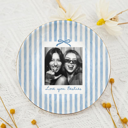 Striped Bestie Photo Jewelry Dish - Personalized Ceramic Ring Tray - Birthday Gift For Best Friend