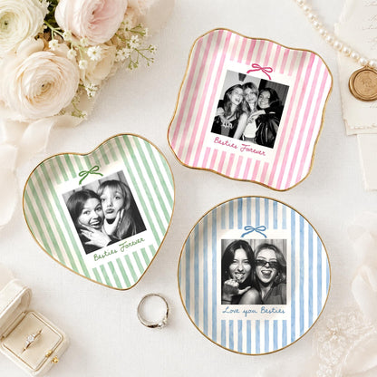 Striped Bestie Photo Jewelry Dish - Personalized Ceramic Ring Tray - Birthday Gift For Best Friend
