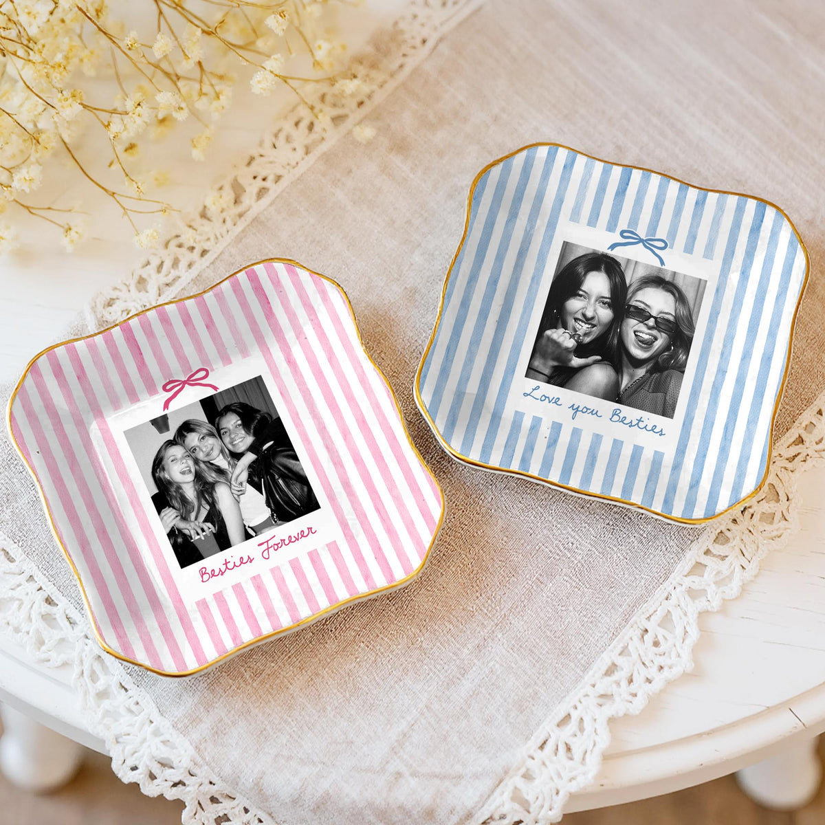 Striped Bestie Photo Jewelry Dish - Personalized Ceramic Ring Tray - Birthday Gift For Best Friend