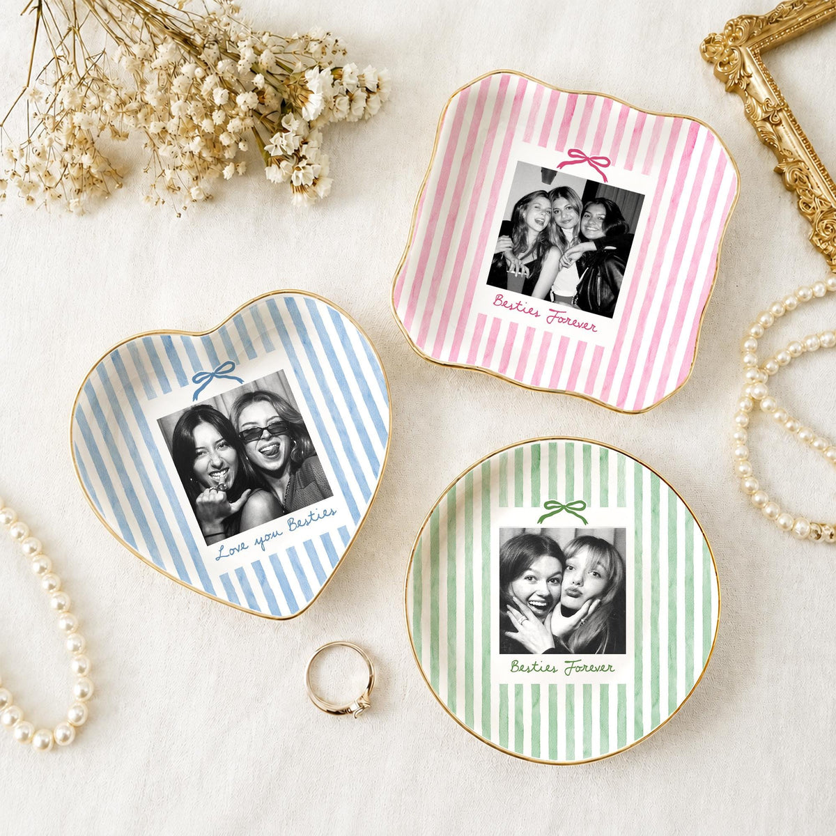 Striped Bestie Photo Jewelry Dish - Personalized Ceramic Ring Tray - Birthday Gift For Best Friend
