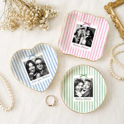 Striped Bestie Photo Jewelry Dish - Personalized Ceramic Ring Tray - Birthday Gift For Best Friend