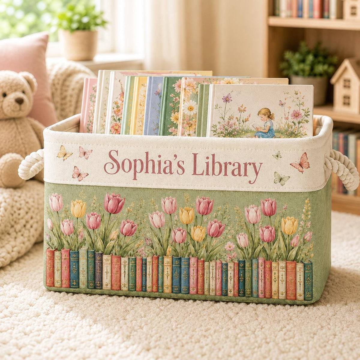 May include: A rectangular fabric storage bin with rope handles, featuring the text "Sophia's Library" in pink script. The design includes a row of colorful book spines at the base, topped with pink and yellow tulips, butterflies, and soft green tones.