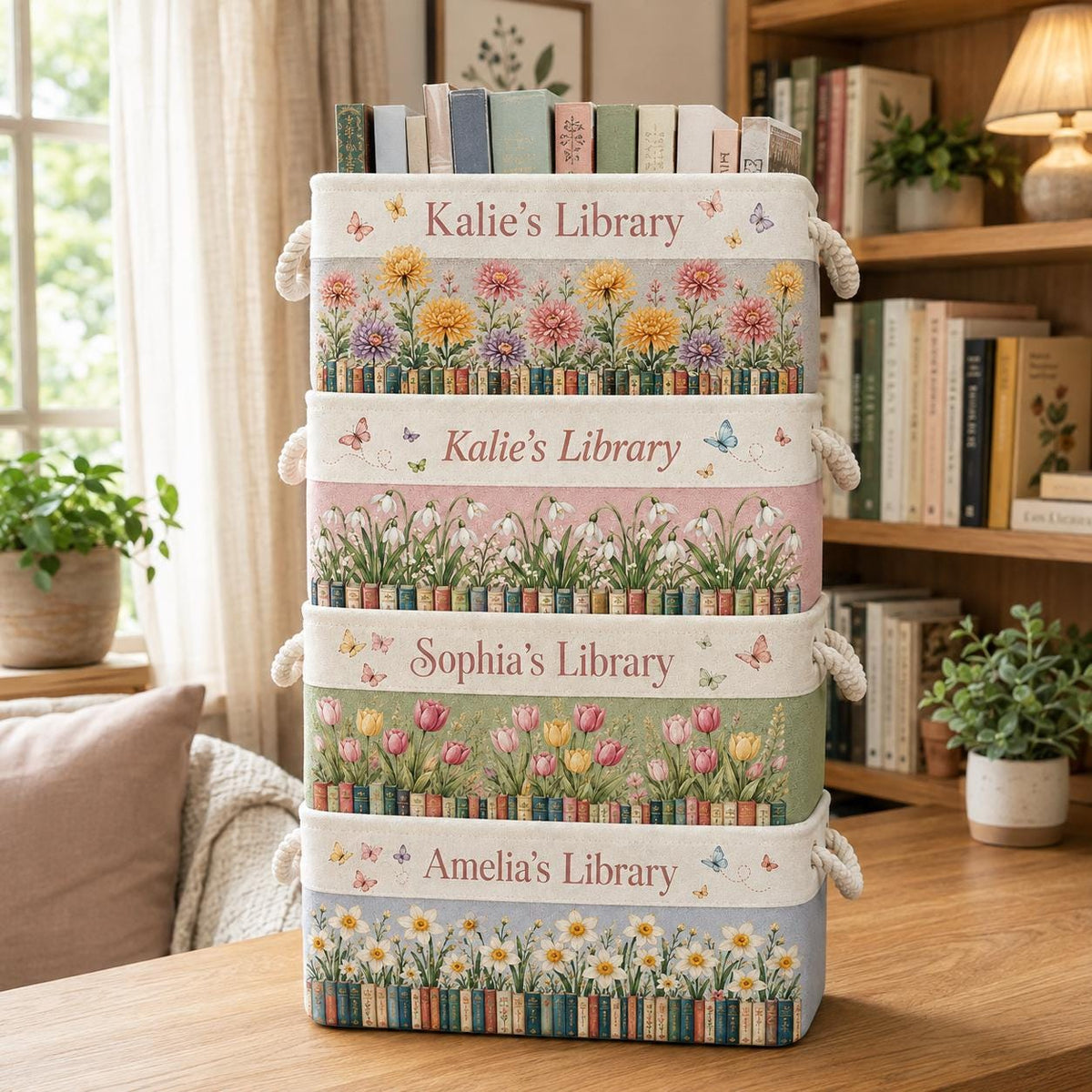 May include: A stack of four rectangular fabric storage bins with rope handles. Each bin features a floral print, a row of book spines, and custom text: Kalie's Library, Kalie's Library, Sophia's Library, and Amelia's Library, with butterflies throughout.