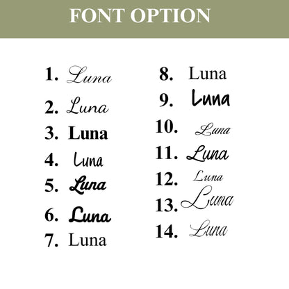 May include: A chart titled FONT OPTION displaying fourteen numbered examples of the name Luna in various black typefaces. The list includes a variety of serif, sans-serif, and script styles, each presented in a clear, black font on a white background.