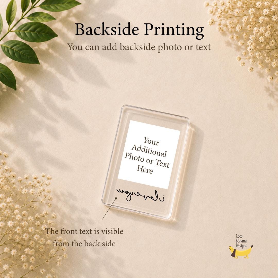 A rectangular clear acrylic frame featuring the text Backside Printing, You can add backside photo or text, and The front text is visible from the back side. The center displays Your Additional Photo or Text Here.