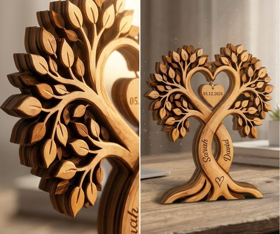 May include: A wooden tree sculpture with intertwined trunks and heart-shaped leaves. The sculpture features the names "Sarah" and "David" engraved on the trunks, with a heart and date "05.12.2026" on a hanging heart. The tree is made of layered wood.