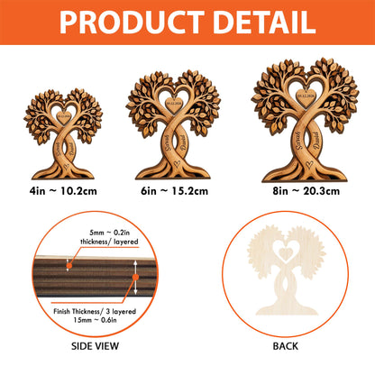 May include: Wooden tree sculptures with heart-shaped cutouts and engraved names and dates. Sizes include 4 inches, 6 inches, and 8 inches. The side view shows a layered design with a thickness of 0.2 inches.