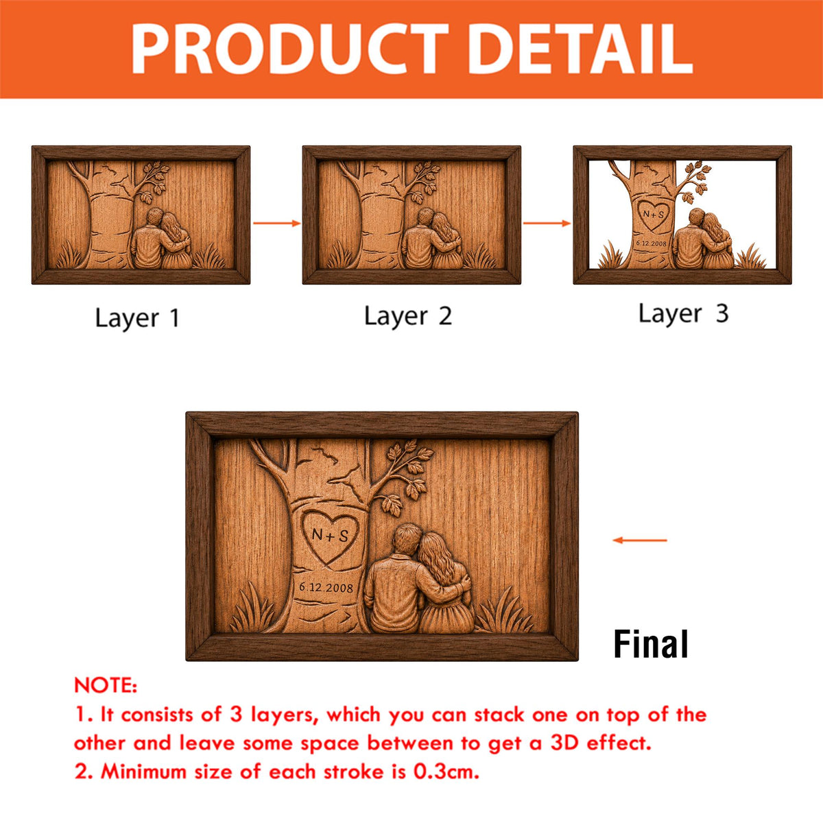 May include: A wooden wall art piece showing the product detail. The art depicts a couple under a tree with a heart carved into it. The text "N+S 6.12.2008" is visible. The art is made of three layers to create a 3D effect.