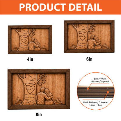 May include: Wooden framed artwork featuring a carved tree with a heart, initials, and a date, alongside a couple embracing. Available in 4-inch, 6-inch, and 8-inch sizes. The artwork has a layered design with a finish thickness of 0.6 inches.