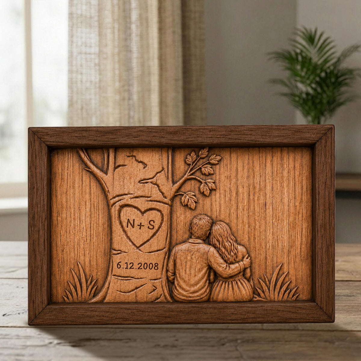May include: A wooden plaque with a carved tree design. The tree has a heart with "N+S" inside and the date "6.12.2008". Two figures are carved beneath the tree, embracing. The plaque is framed in a dark brown wood.