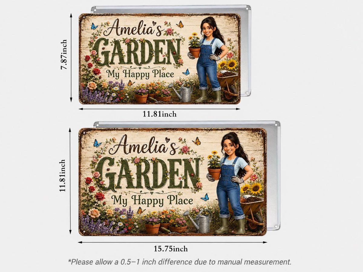 Two rectangular metal signs featuring a garden scene with a person in blue overalls holding a potted sunflower. The text reads Amelia's GARDEN My Happy Place. The smaller sign measures 7.87 inches by 11.81 inches, and the larger sign measures 11.81 inches by 15.75 inches.