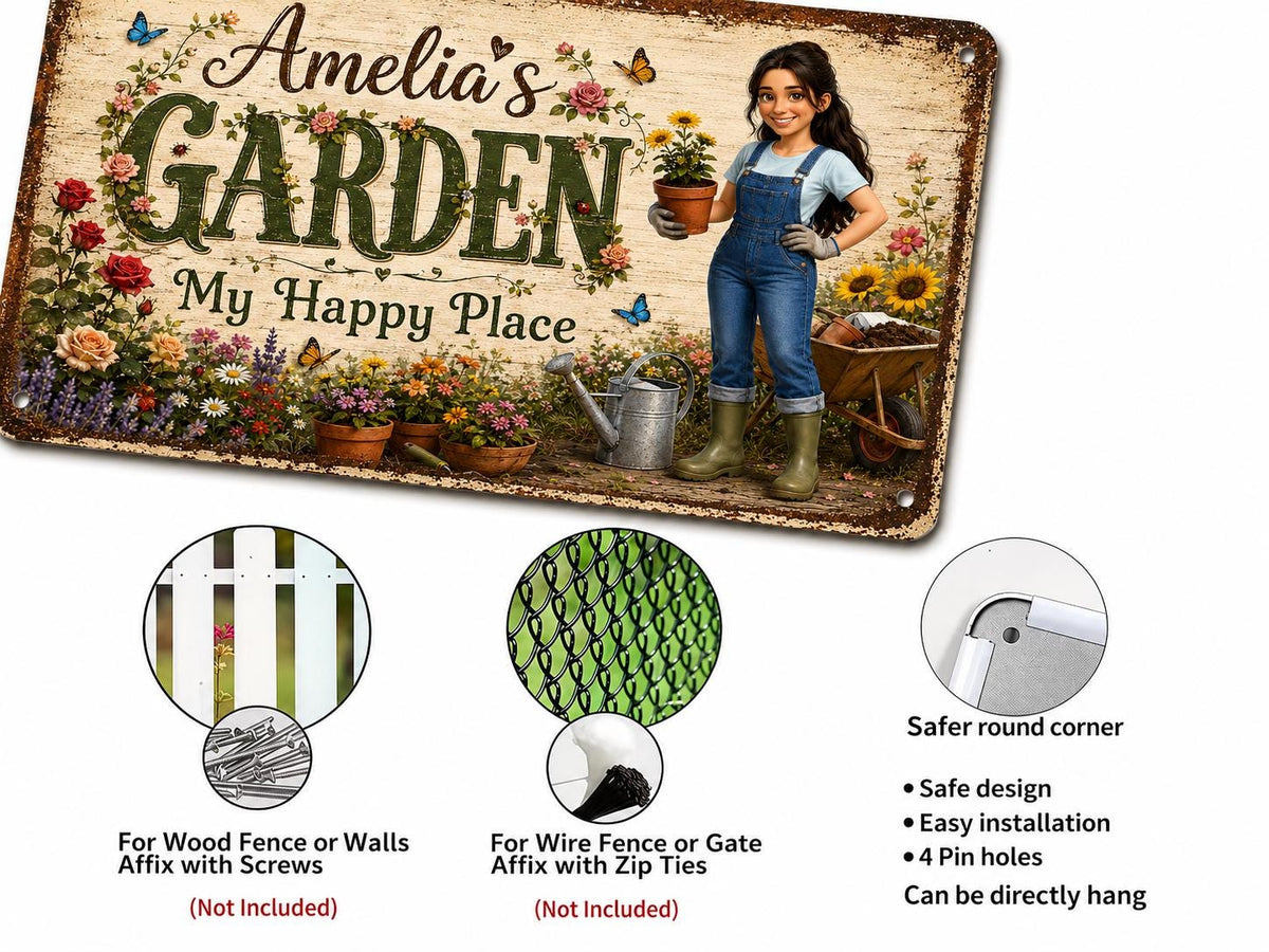 A rectangular metal sign featuring the text Amelia's GARDEN My Happy Place, a cartoon character in denim overalls holding a potted sunflower, a wheelbarrow, and a watering can, surrounded by colorful flowers, butterflies, and rounded corners.
