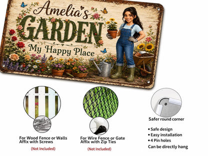 A rectangular metal sign featuring the text Amelia's GARDEN My Happy Place, a cartoon character in denim overalls holding a potted sunflower, a wheelbarrow, and a watering can, surrounded by colorful flowers, butterflies, and rounded corners.