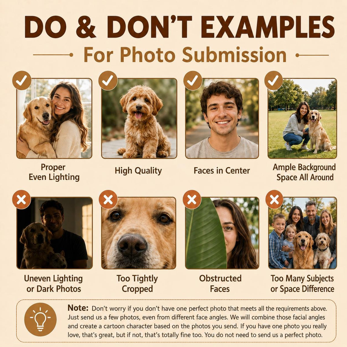 An informational graphic titled DO & DON'T EXAMPLES For Photo Submission. It displays eight square photo examples with checkmarks or X marks, illustrating proper lighting, quality, centering, and spacing for photo submissions.