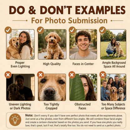 An informational graphic titled DO & DON'T EXAMPLES For Photo Submission. It displays eight square photo examples with checkmarks or X marks, illustrating proper lighting, quality, centering, and spacing for photo submissions.