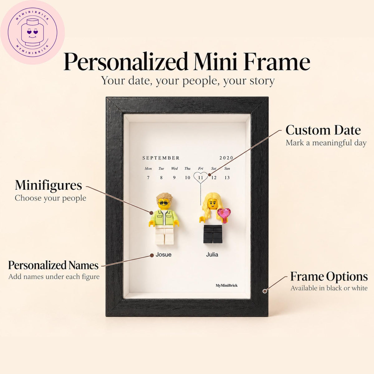 A black shadow box frame containing a white calendar print for September 2020 with the date 11 circled. Two plastic toy figures stand below the calendar, labeled Josue and Julia. The text Personalized Mini Frame is at the top.