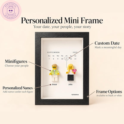 A black shadow box frame containing a white calendar print for September 2020 with the date 11 circled. Two plastic toy figures stand below the calendar, labeled Josue and Julia. The text Personalized Mini Frame is at the top.