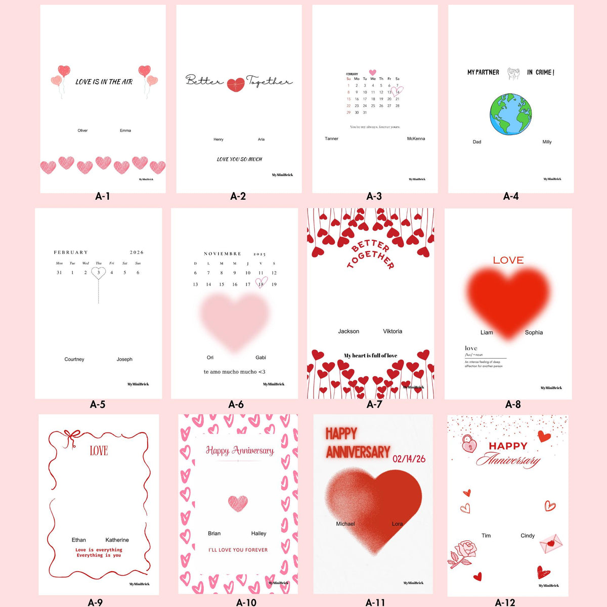 A collection of twelve rectangular white cards featuring romantic designs with red and pink hearts, calendars, and text such as Love Is In The Air, Better Together, Happy Anniversary, and My Partner In Crime, with blank spaces for names.