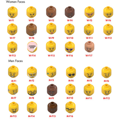 A collection of plastic toy head pieces arranged in a grid, labeled Women Faces and Men Faces. The heads feature various skin tones, facial expressions, and accessories like glasses or sunglasses. One circular icon displays the text COMING SOON.