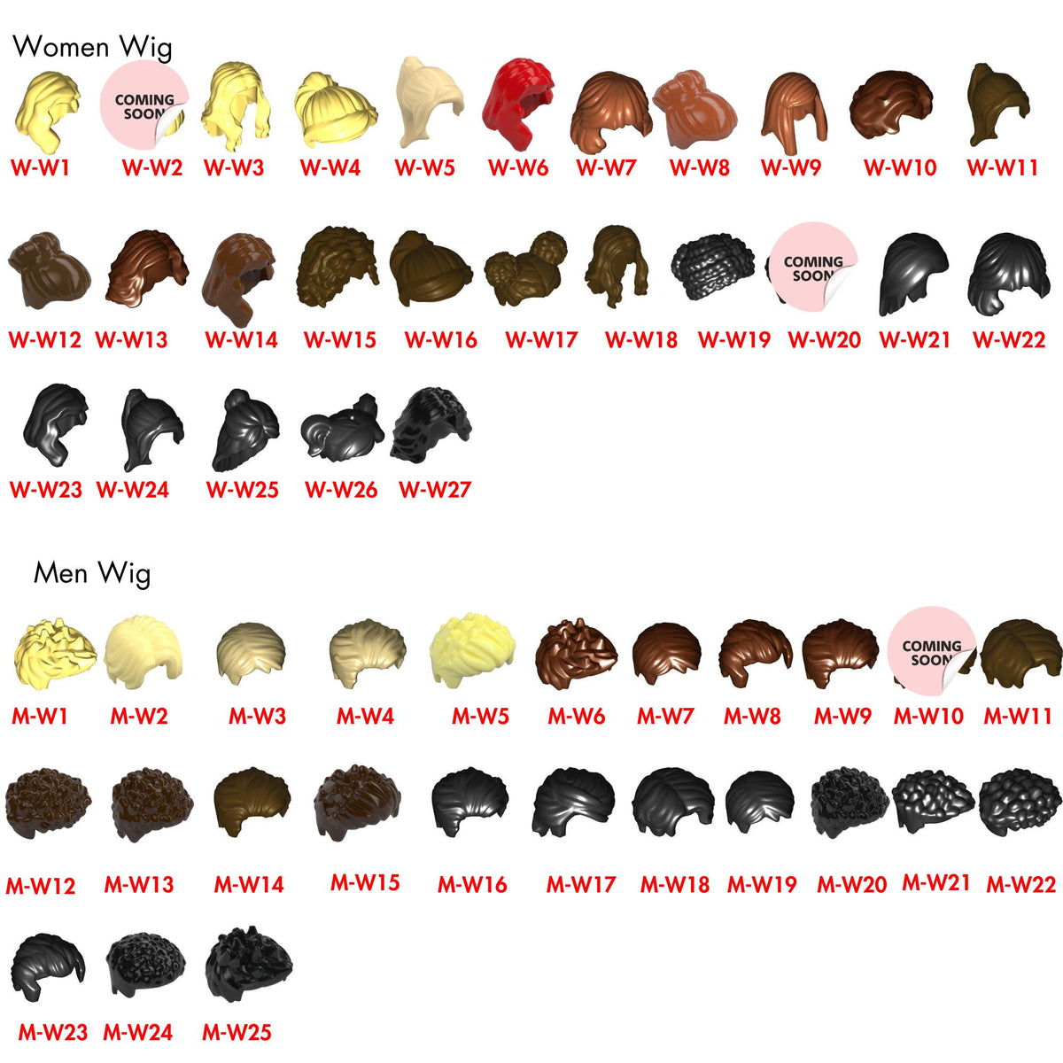 A collection of plastic toy hair pieces organized into two sections labeled Women Wig and Men Wig. Each item is assigned a code like W-1 or M-1. The hair pieces come in various colors including blonde, brown, black, and red, featuring diverse styles, lengths, and textures.