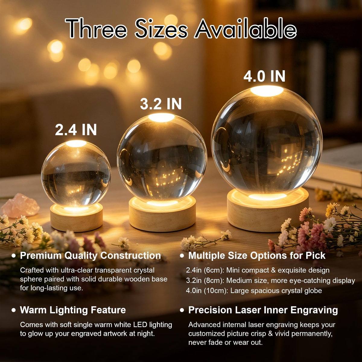 Three clear crystal spheres on light wooden bases, labeled 2.4 IN, 3.2 IN, and 4.0 IN. Text includes Three Sizes Available, Premium Quality Construction, Multiple Size Options for Pick, Warm Lighting Feature, and Precision Laser Inner Engraving.