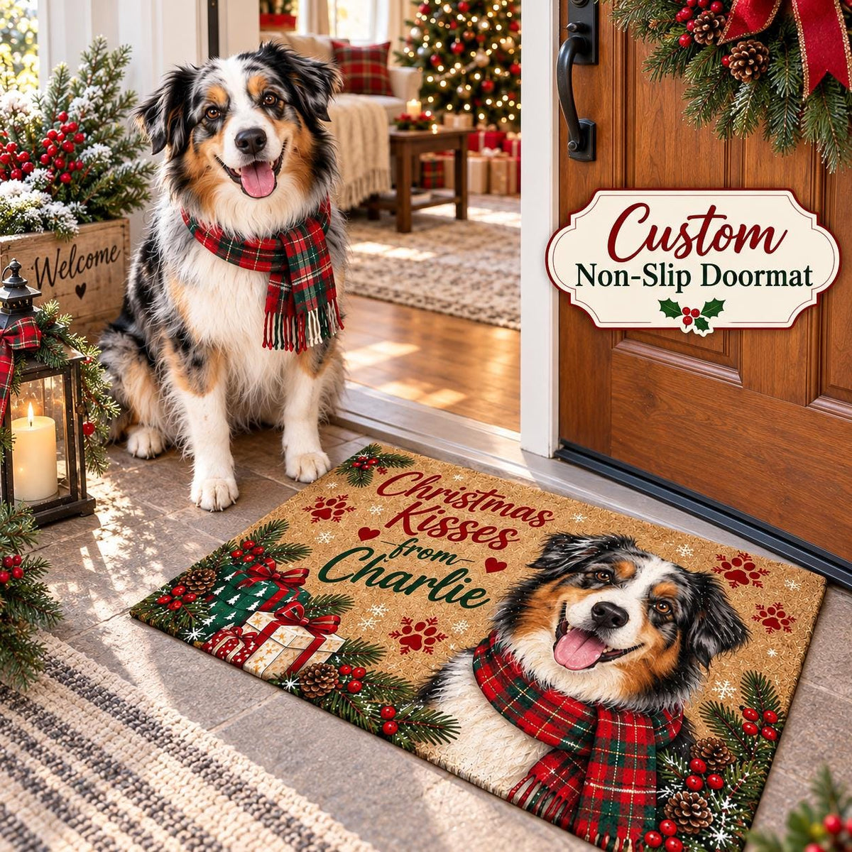 May include: A rectangular tan doormat featuring a printed illustration of an Australian Shepherd wearing a red and green plaid scarf. The mat displays the text Christmas Kisses from Charlie, surrounded by pine branches, red berries, and gift boxes.