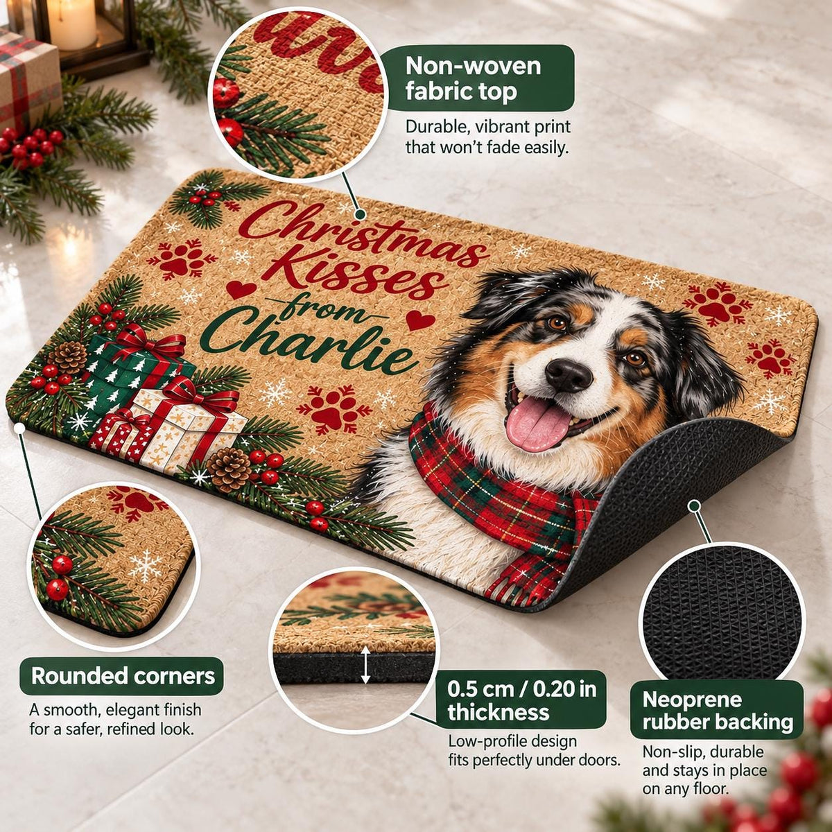 May include: A rectangular doormat with a non-woven fabric top and neoprene rubber backing, measuring 0.20 inches in thickness. The mat features a tan background, a portrait of a dog wearing a plaid scarf, Christmas gifts, and the text Christmas Kisses from Charlie.