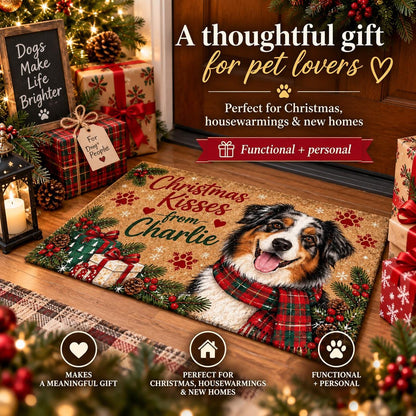 May include: A rectangular doormat featuring a brown background with a printed Australian Shepherd dog wearing a red and green plaid scarf. The text reads Christmas Kisses from Charlie, surrounded by illustrations of pine branches and gifts.