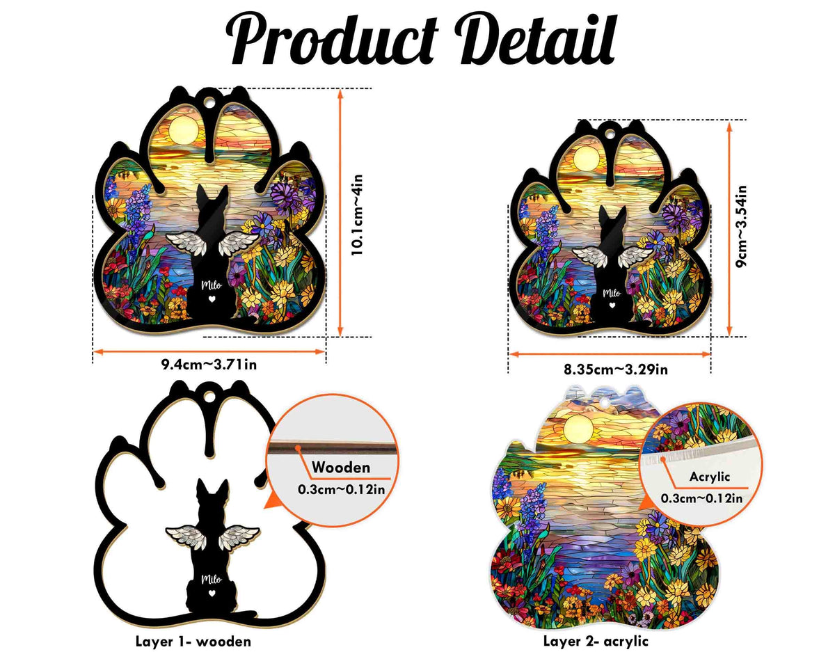 May include: A wooden paw print ornament with a colorful acrylic overlay. The ornament features a black silhouette of a dog with wings and the word "Milo" on a heart. The ornament is 3.71 inches wide and 4 inches tall.